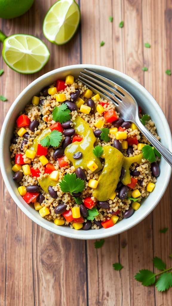 A colorful quinoa and black bean salad with bell peppers, corn, and cilantro in a bowl, garnished with lime wedges.